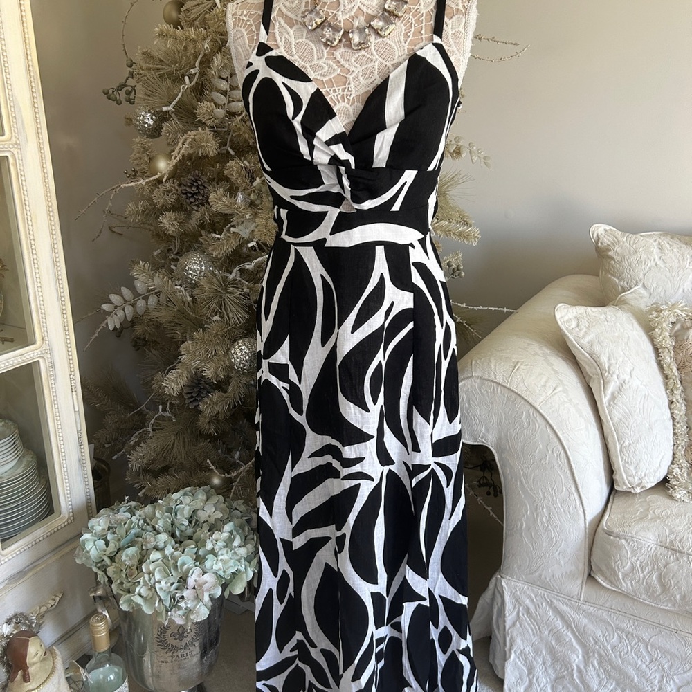 New! Black & White Printed Spaghetti-Strap Maxi Dress